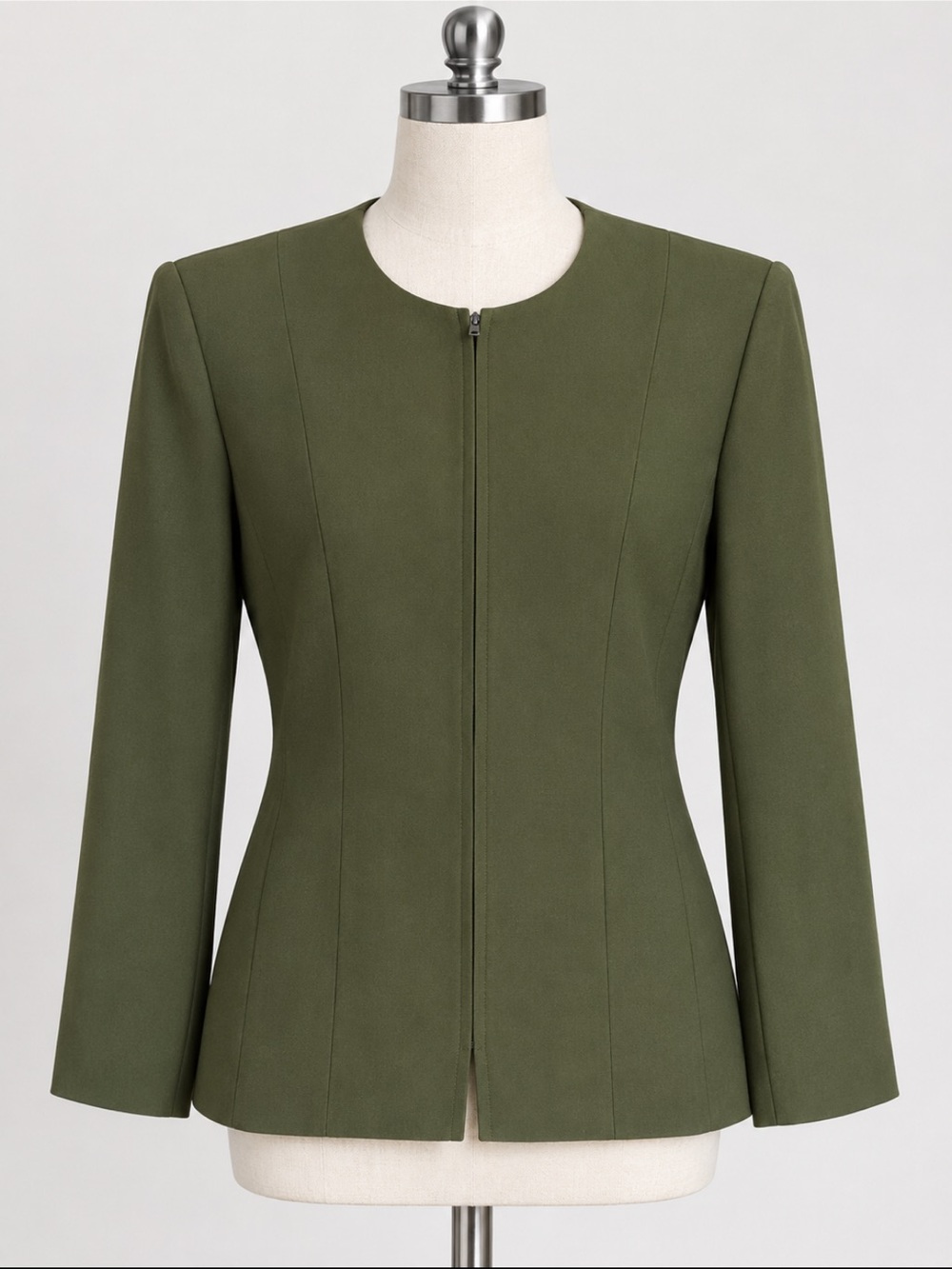 Jones New York Olive Green Zip-Front Tailored Jacket, 100% silk, fully lined